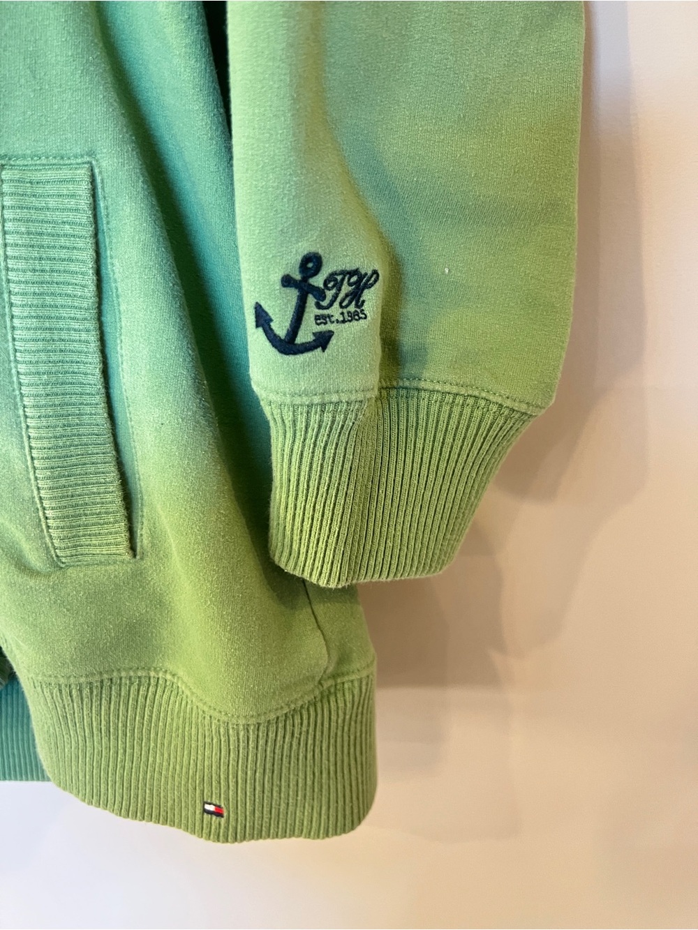 Tommy Hilfiger Green Zip Up Hoodie 3/4 Sleeve L Nautical Anchor Hooded Jacket - Picture 3 of 8